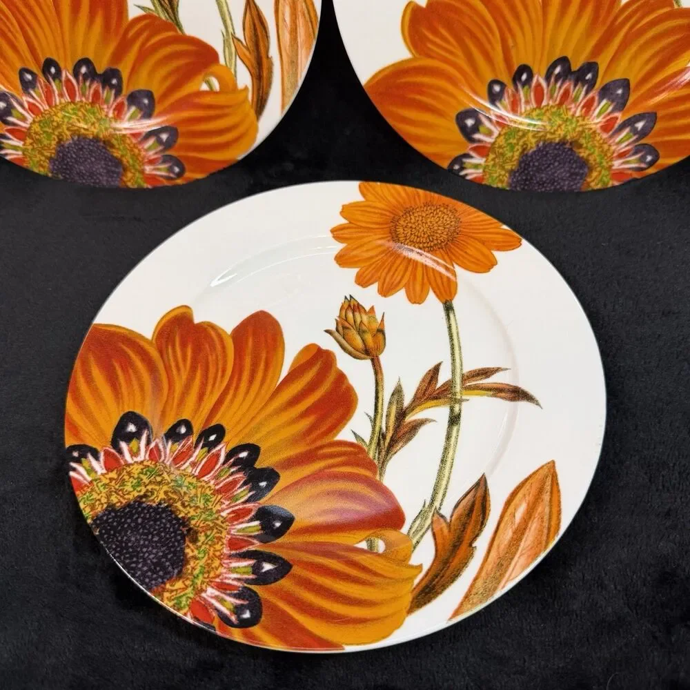 Crate & Barrel Passion Flower Plates Set of 3 Orange Floral 8” Salad Dessert